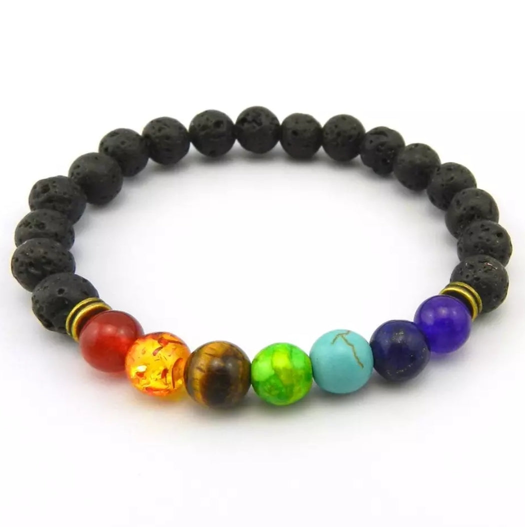 7 Chakra Healing Bracelet - Lava & Tiger Eye Stone Beads, Adjustable, Natural Energy